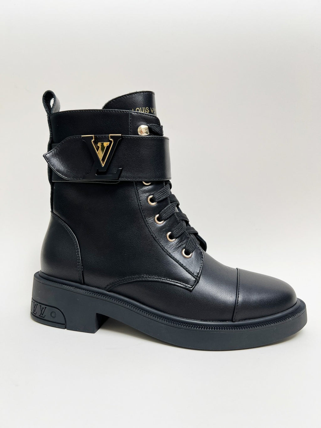 LV Combat Boots - Black Leather Logo Strap Lace-Up