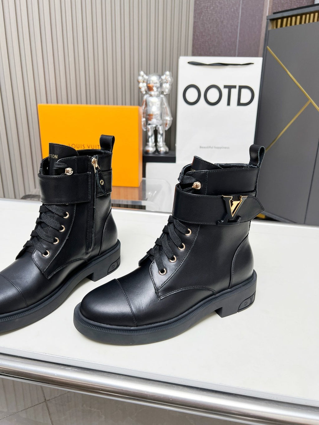 LV Combat Boots - Black Leather Logo Strap Lace-Up