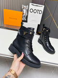 LV Combat Boots - Black Leather Logo Strap Lace-Up