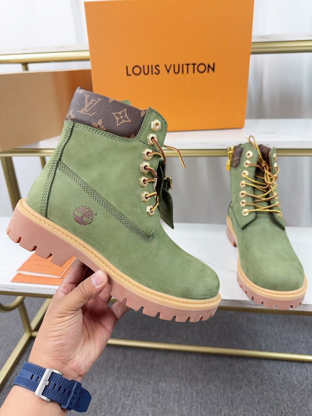 LV x Timberland Boots - Sage Green Monogram Collaboration