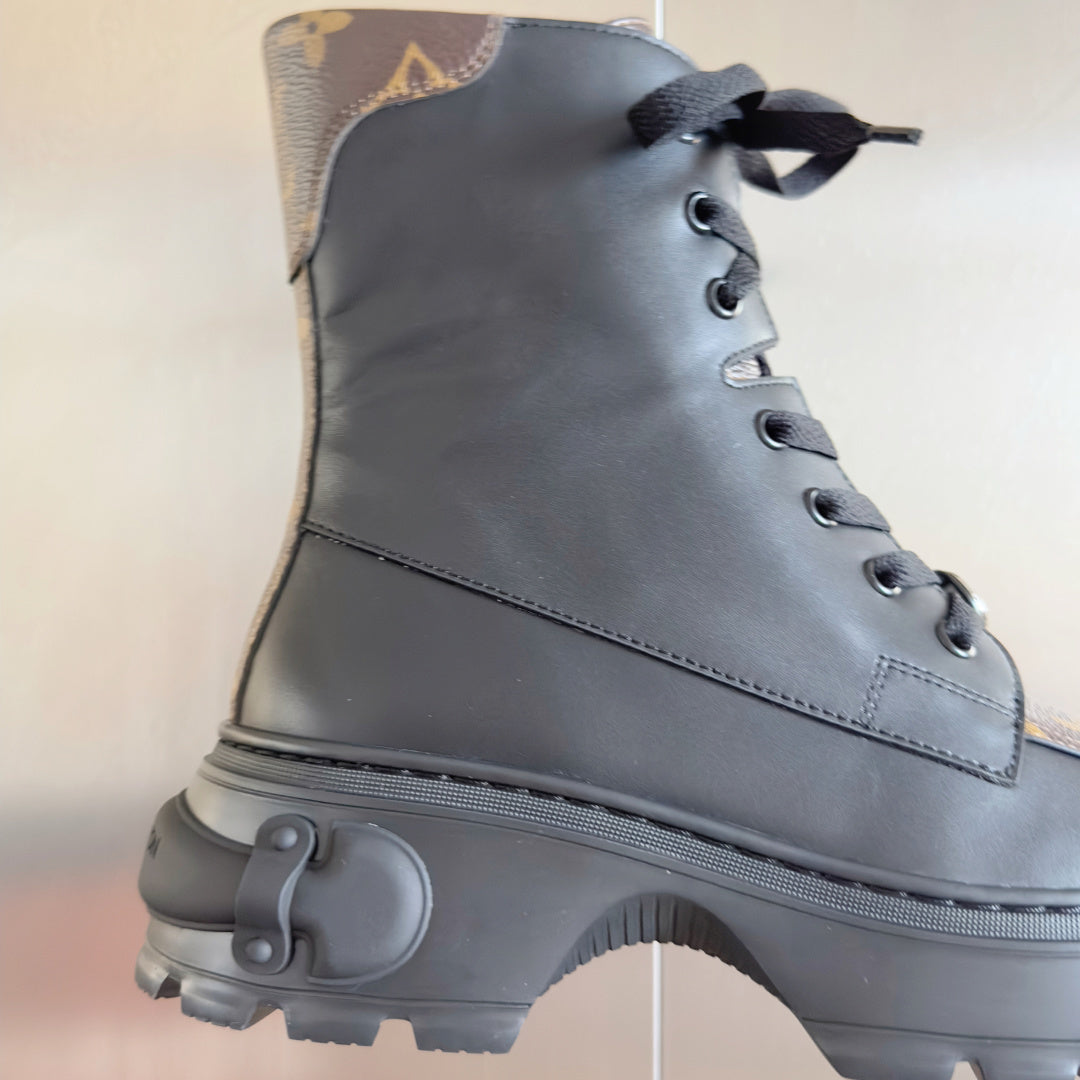 LV Combat Boots - Black Leather Monogram Platform Lace-Up