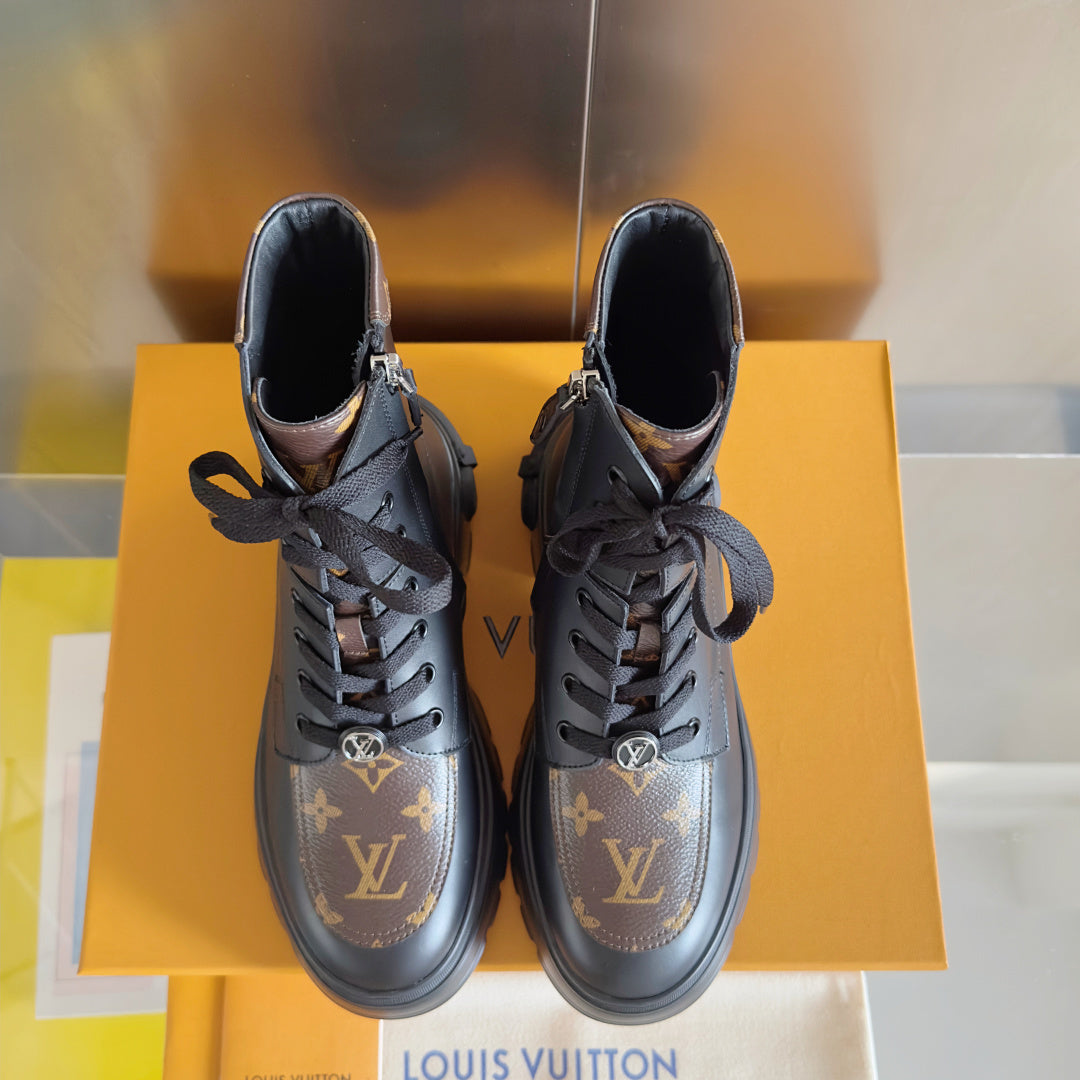 LV Combat Boots - Black Leather Monogram Platform Lace-Up