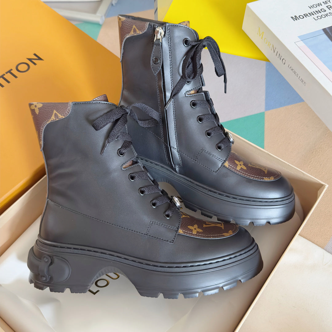 LV Combat Boots - Black Leather Monogram Platform Lace-Up