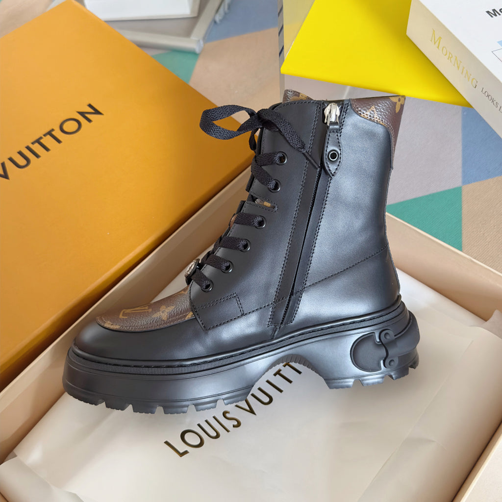 LV Combat Boots - Black Leather Monogram Platform Lace-Up