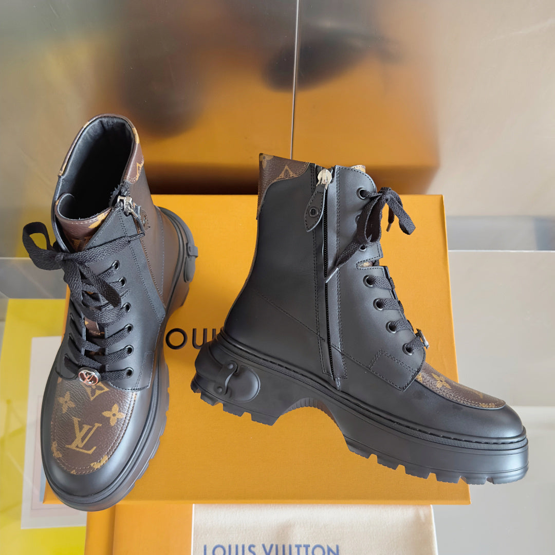 LV Combat Boots - Black Leather Monogram Platform Lace-Up