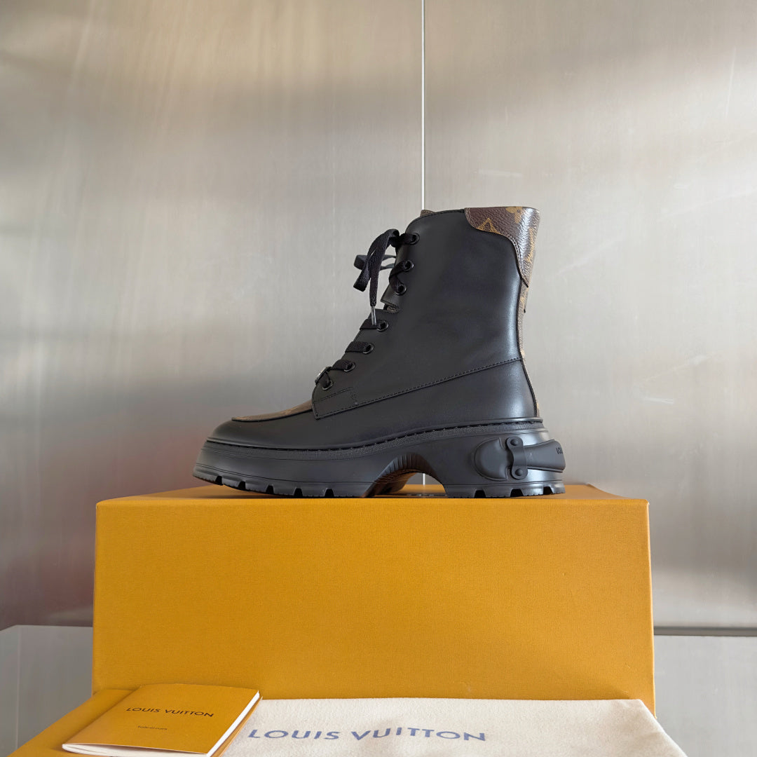 LV Combat Boots - Black Leather Monogram Platform Lace-Up
