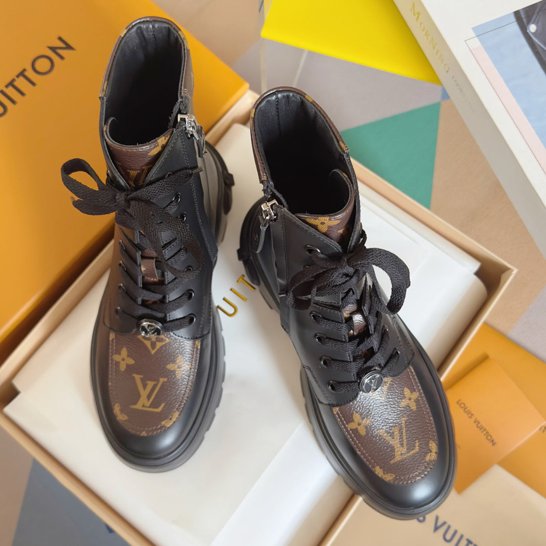 LV Combat Boots - Black Leather Monogram Platform Lace-Up
