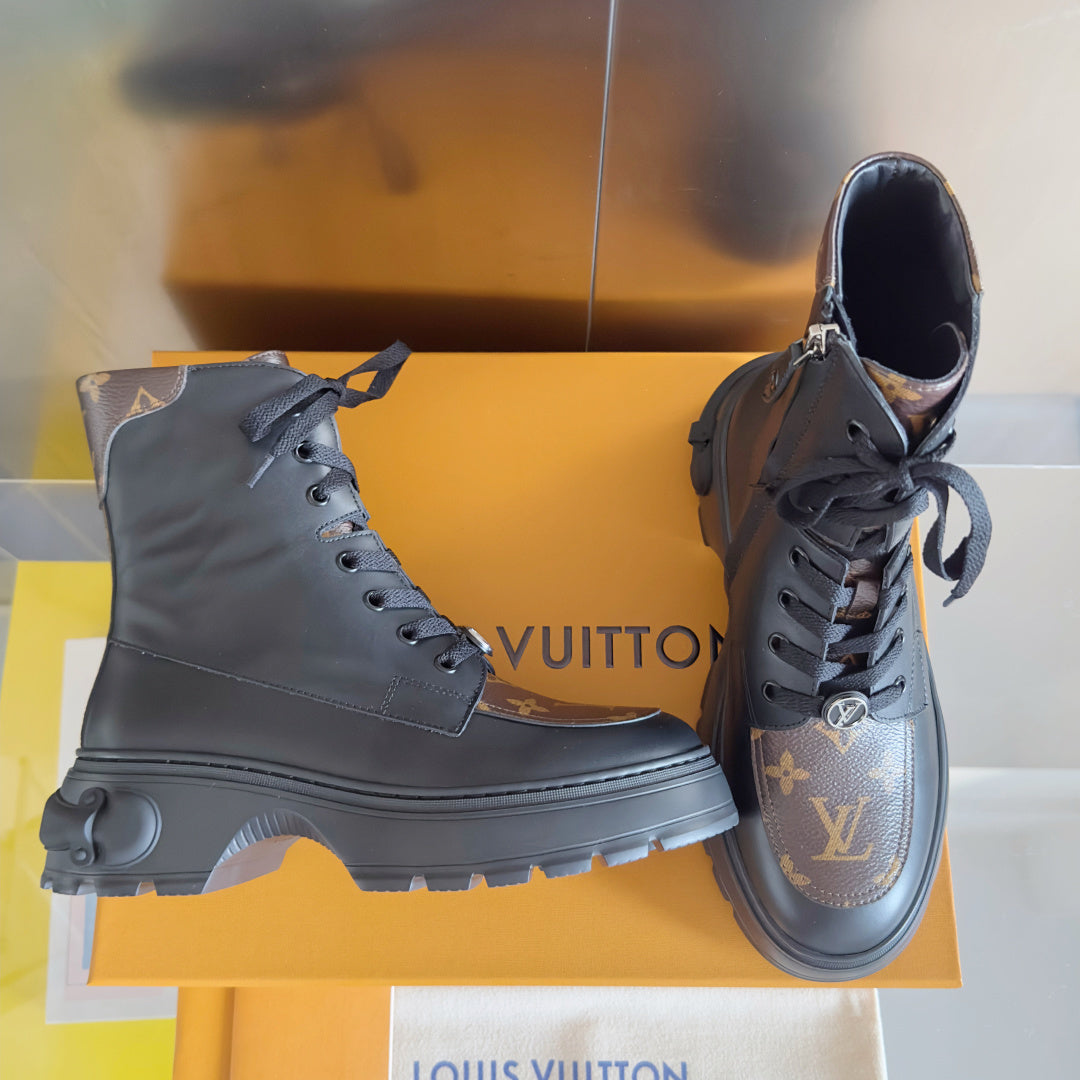 LV Combat Boots - Black Leather Monogram Platform Lace-Up