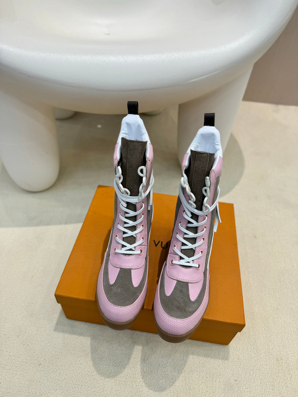 LV Combat Boots - Pink Grey & White Monogram Platform Lace-Up