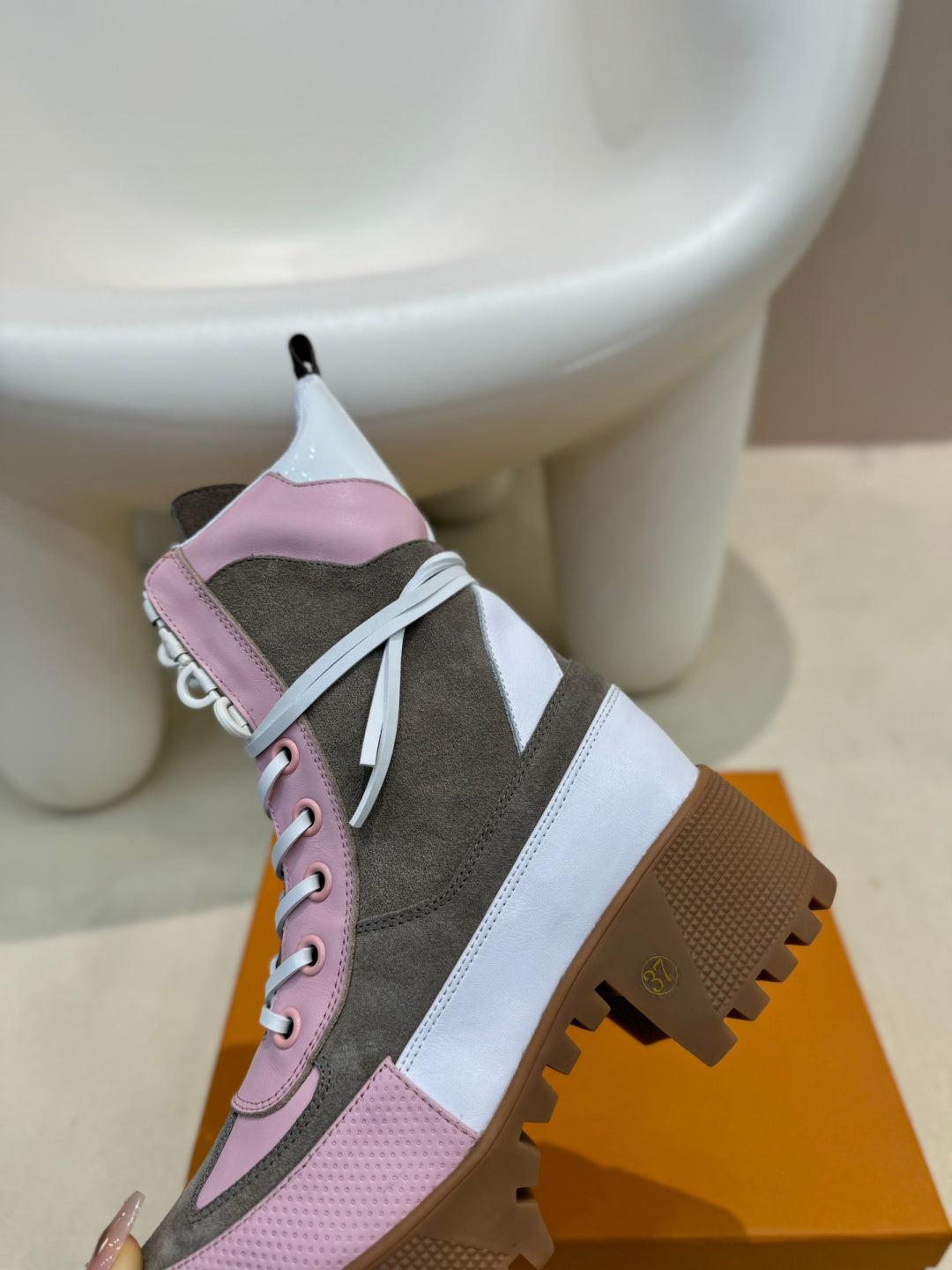 LV Combat Boots - Pink Grey & White Monogram Platform Lace-Up