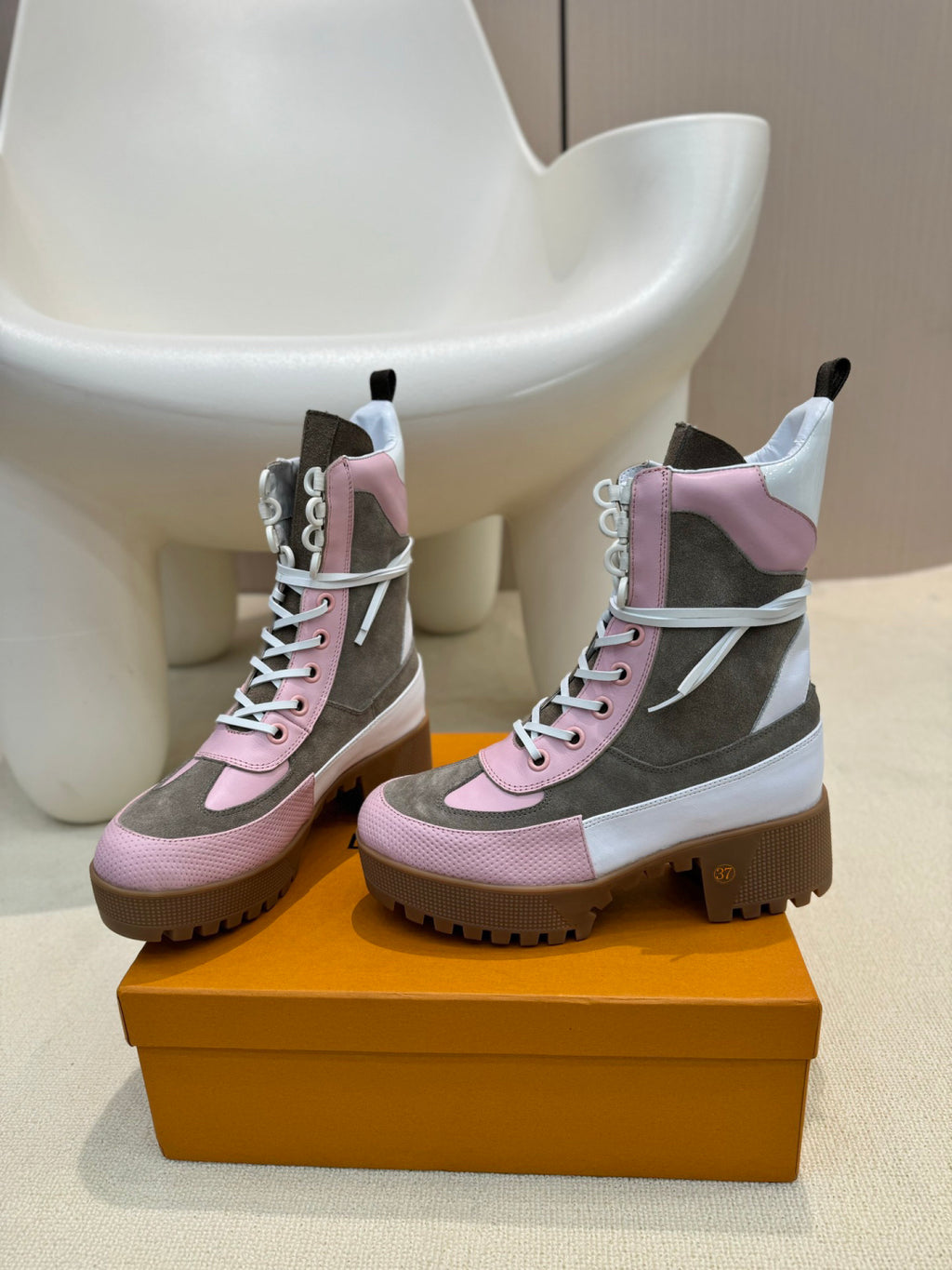 LV Combat Boots - Pink Grey & White Monogram Platform Lace-Up