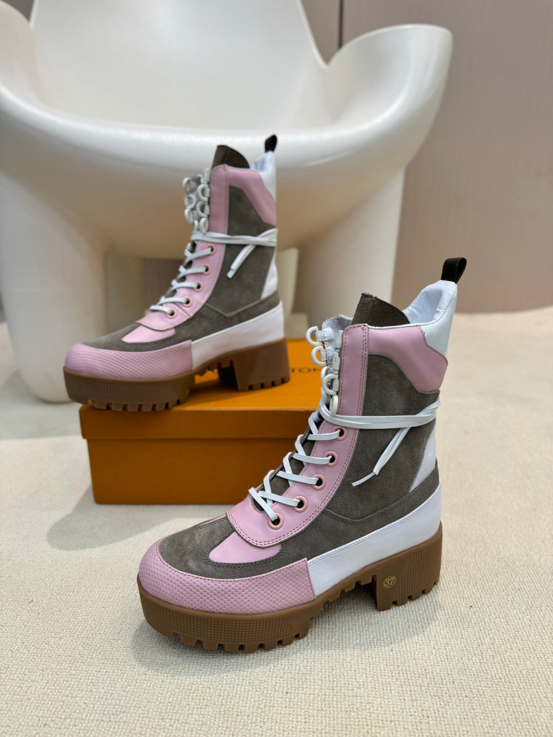 LV Combat Boots - Pink Grey & White Monogram Platform Lace-Up