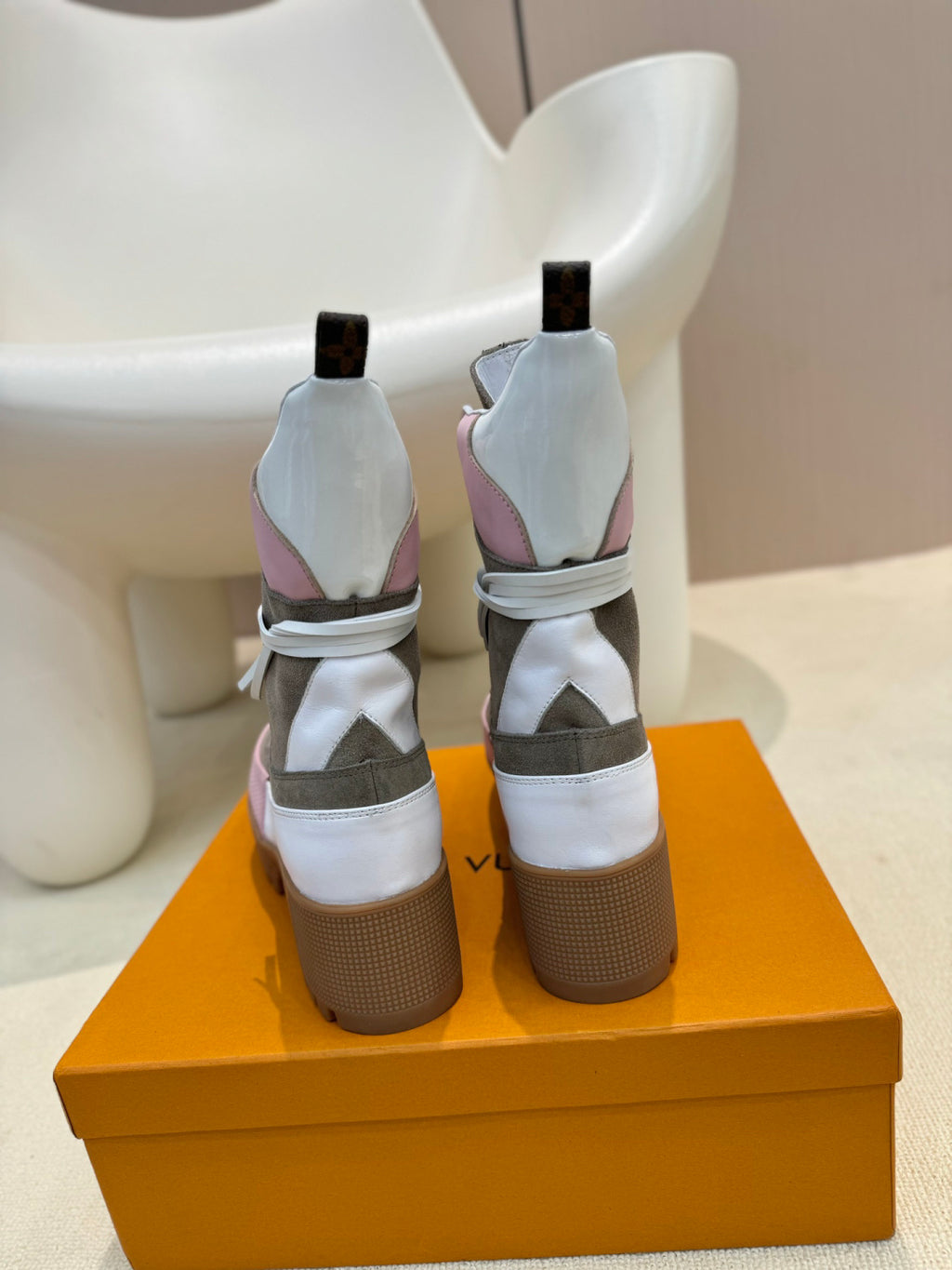 LV Combat Boots - Pink Grey & White Monogram Platform Lace-Up
