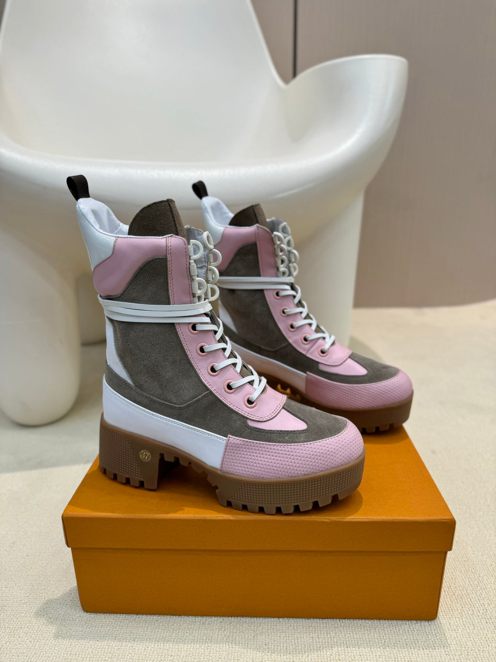 LV Combat Boots - Pink Grey & White Monogram Platform Lace-Up