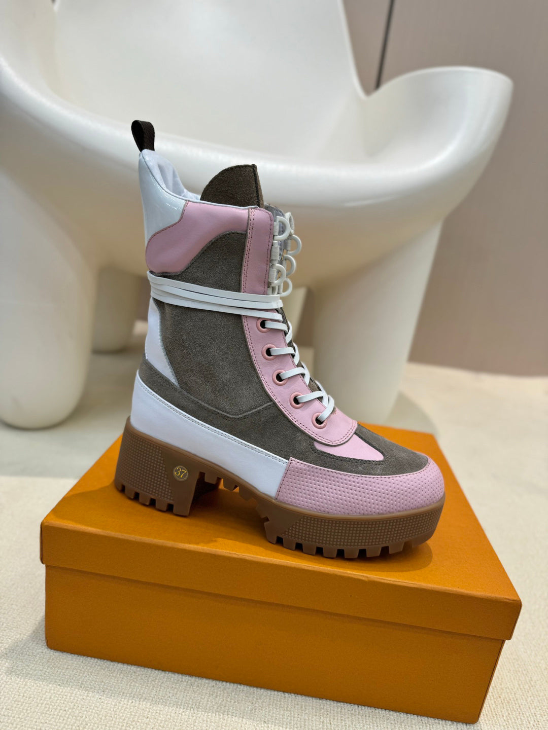 LV Combat Boots - Pink Grey & White Monogram Platform Lace-Up