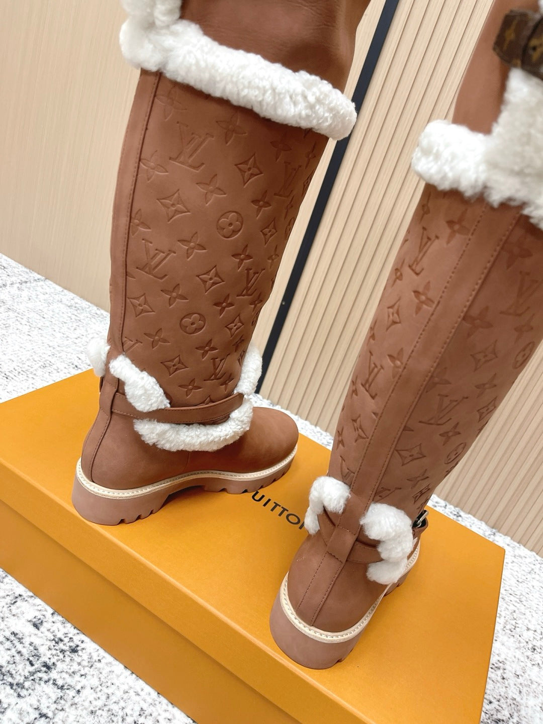 LV Combat Boots - Burgundy Leather Logo Print Lace-Up