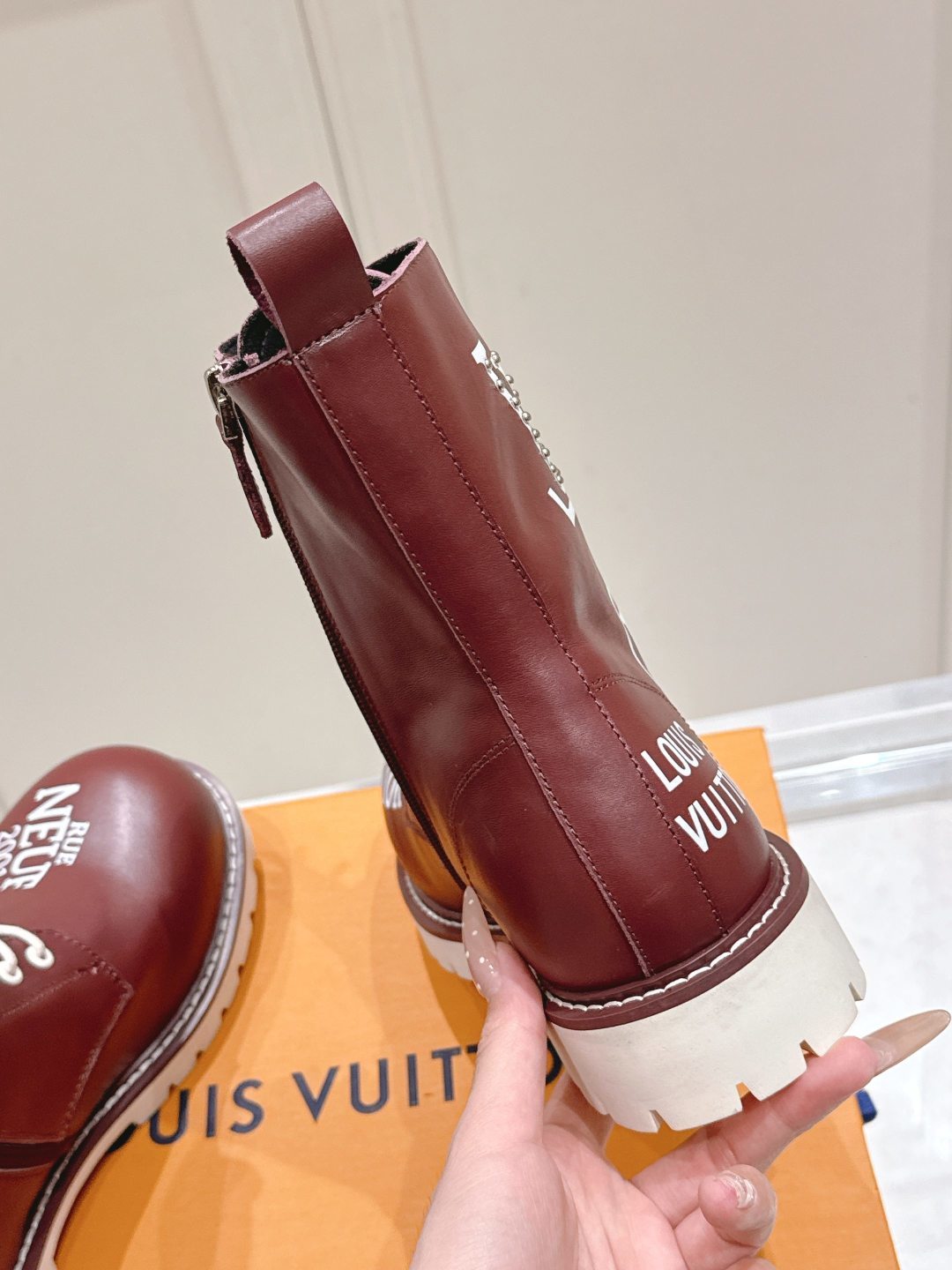 LV Combat Boots - Burgundy Leather Logo Print Lace-Up