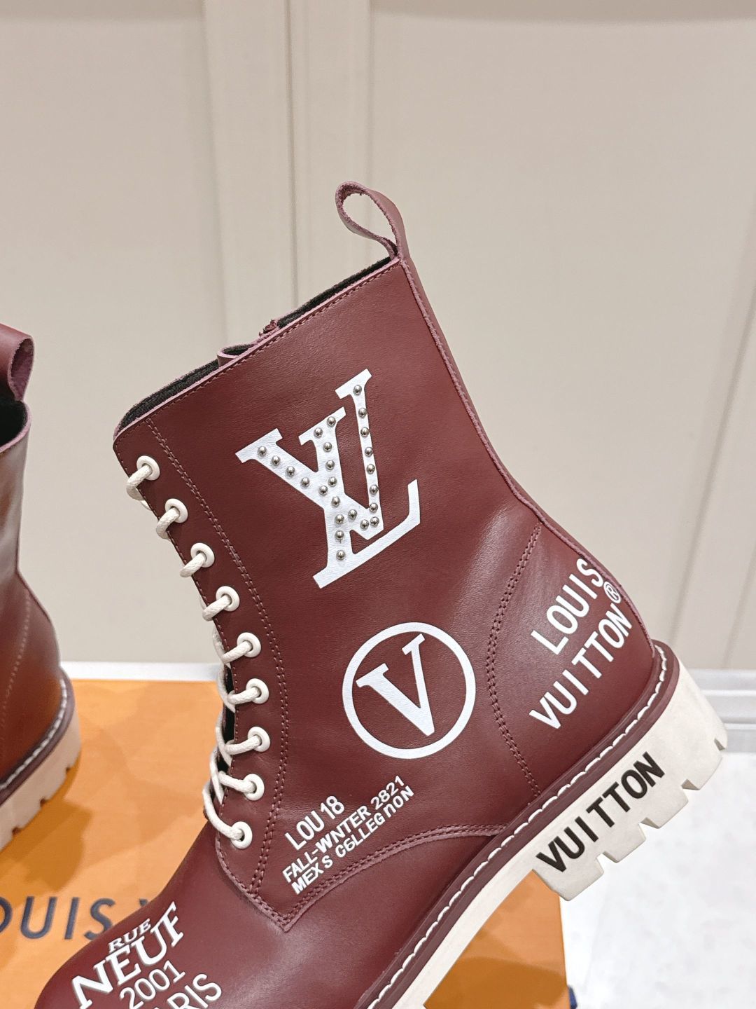 LV Combat Boots - Burgundy Leather Logo Print Lace-Up