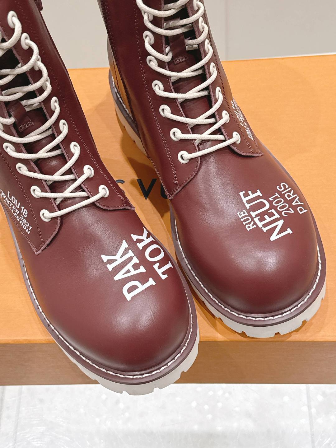 LV Combat Boots - Burgundy Leather Logo Print Lace-Up
