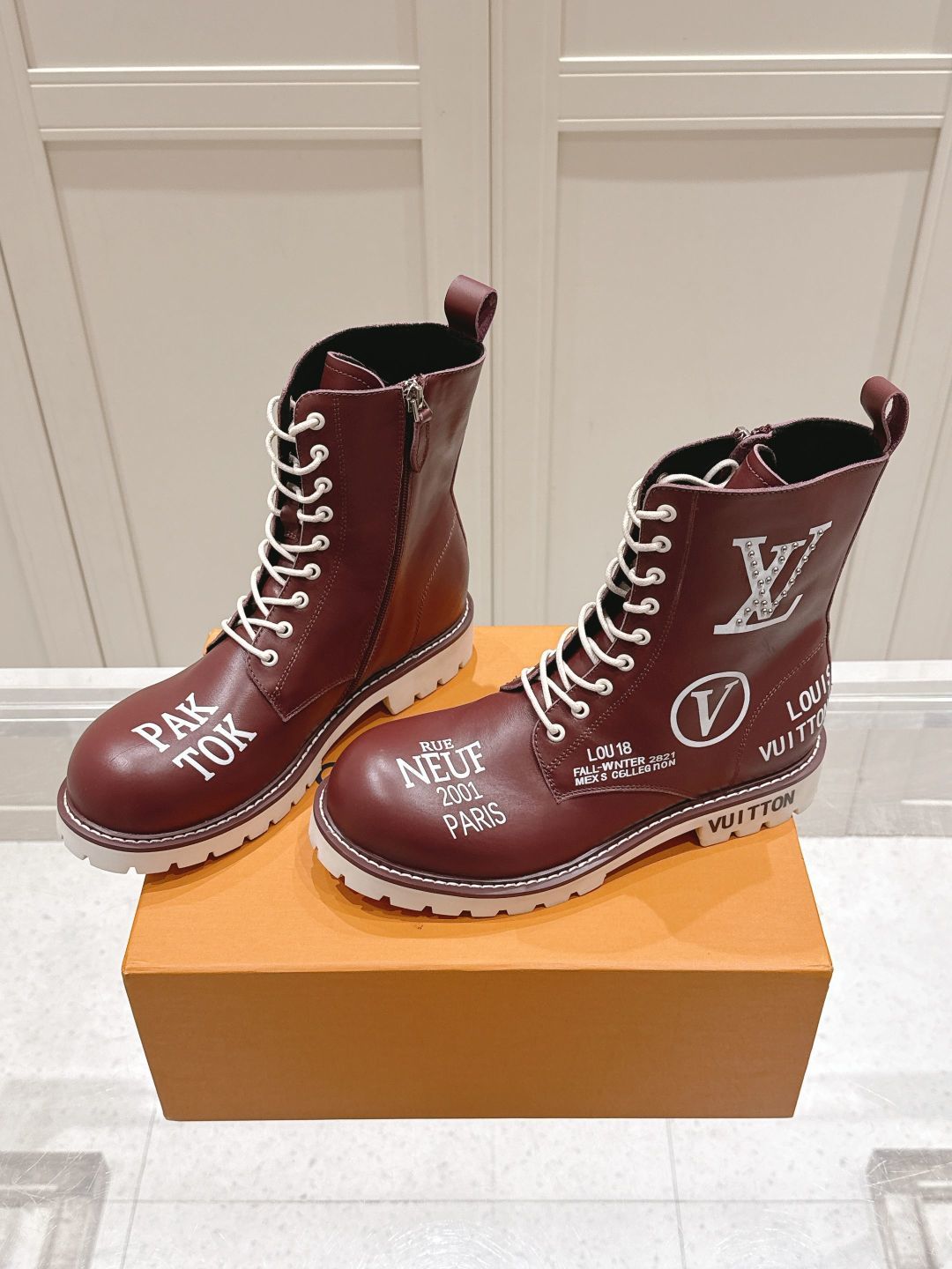 LV Combat Boots - Burgundy Leather Logo Print Lace-Up
