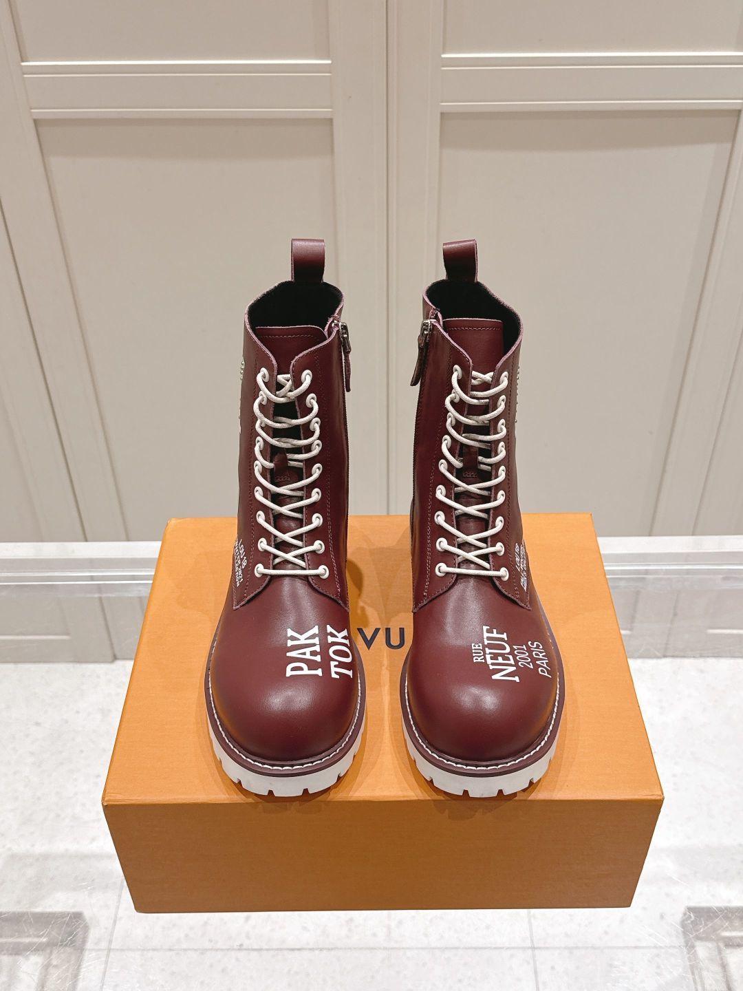 LV Combat Boots - Burgundy Leather Logo Print Lace-Up