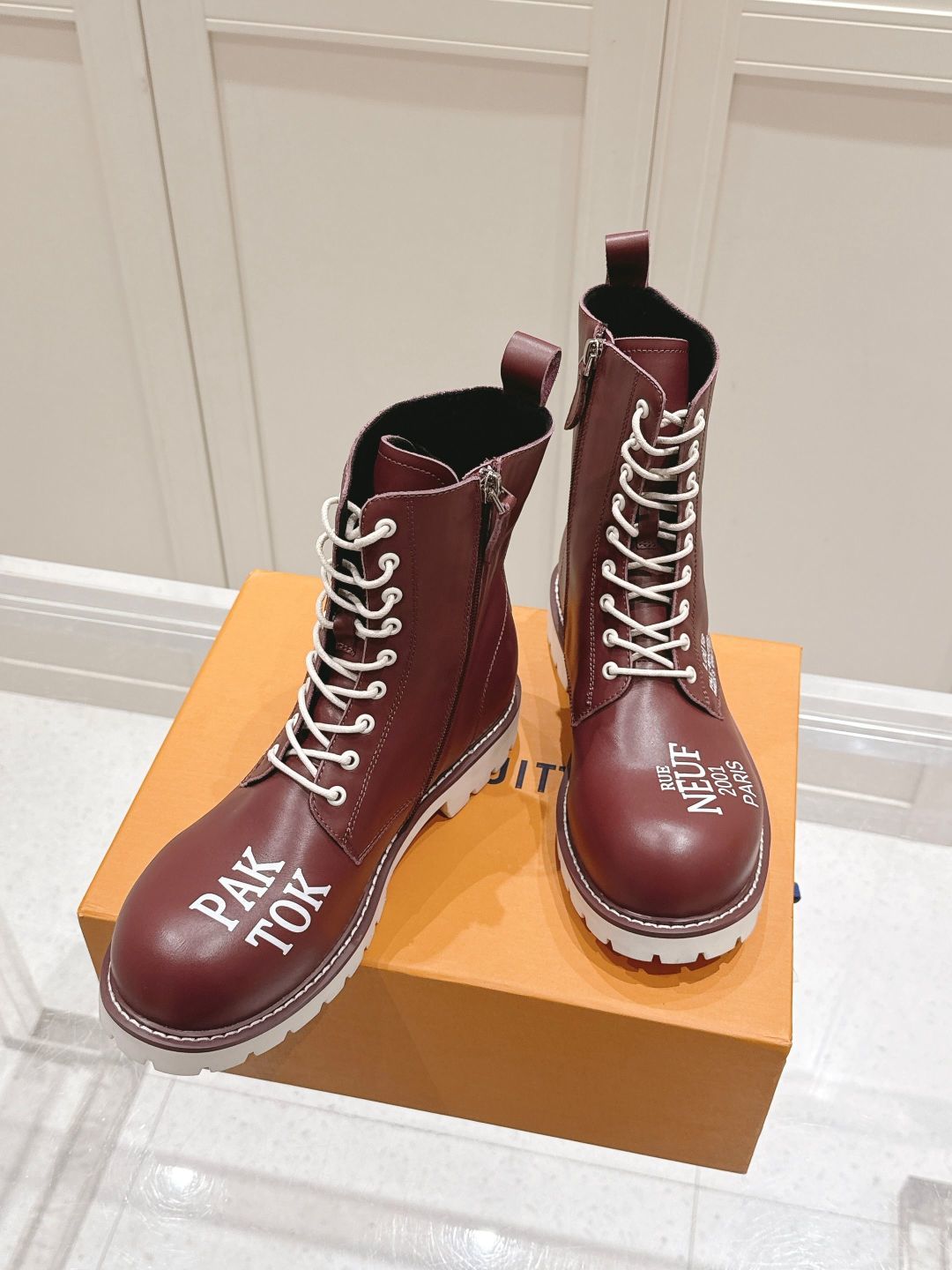 LV Combat Boots - Burgundy Leather Logo Print Lace-Up