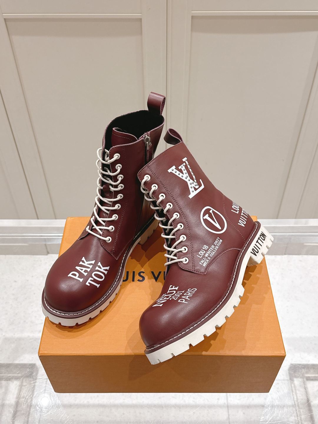 LV Combat Boots - Burgundy Leather Logo Print Lace-Up