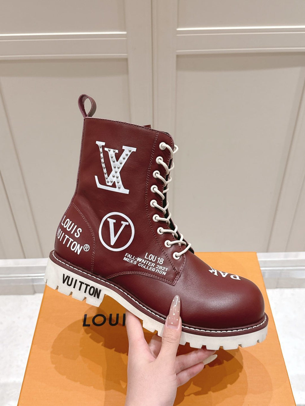 LV Combat Boots - Burgundy Leather Logo Print Lace-Up