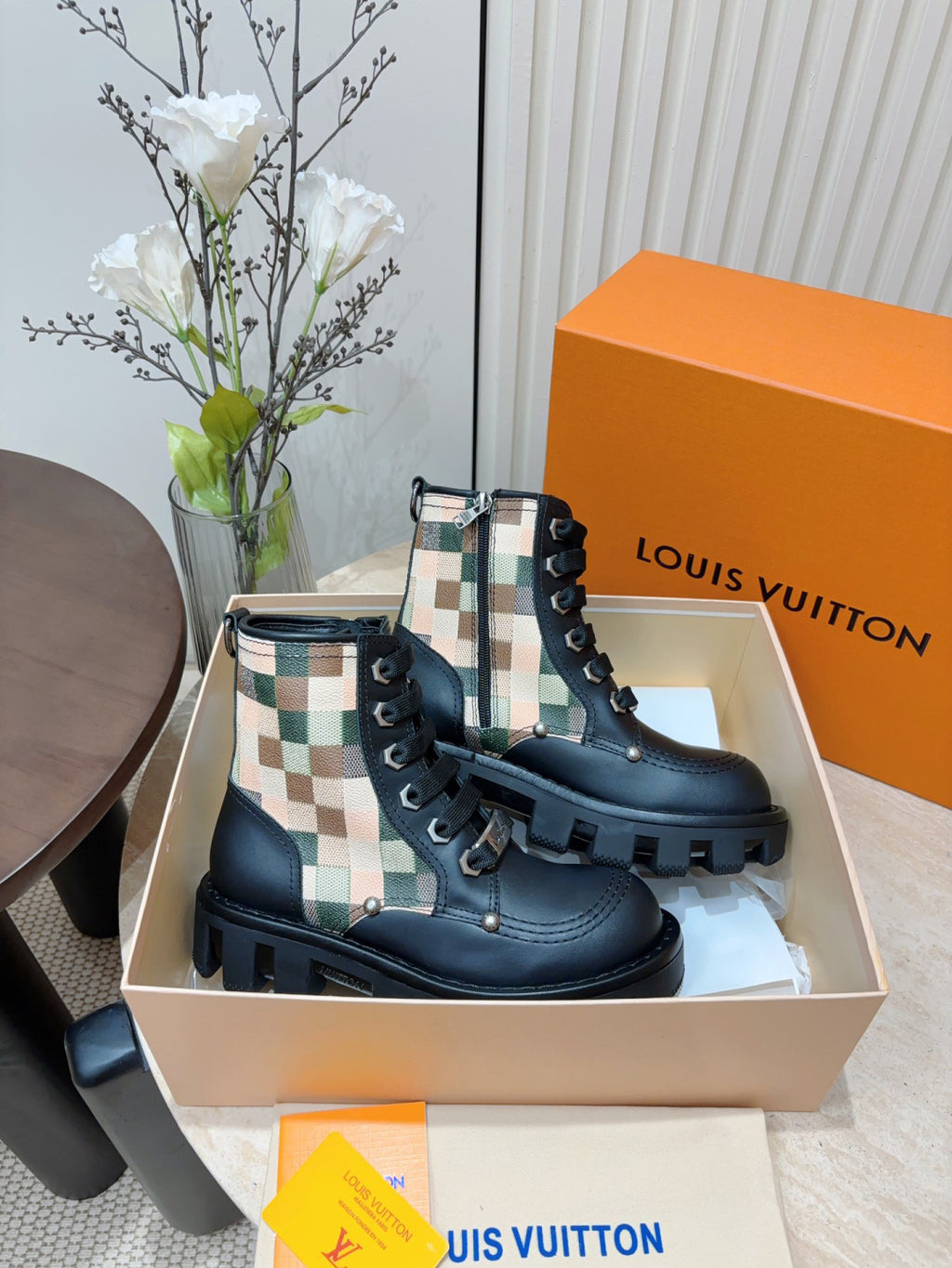 LV Combat Boots - Black Leather Check Panel Platform Lace-Up