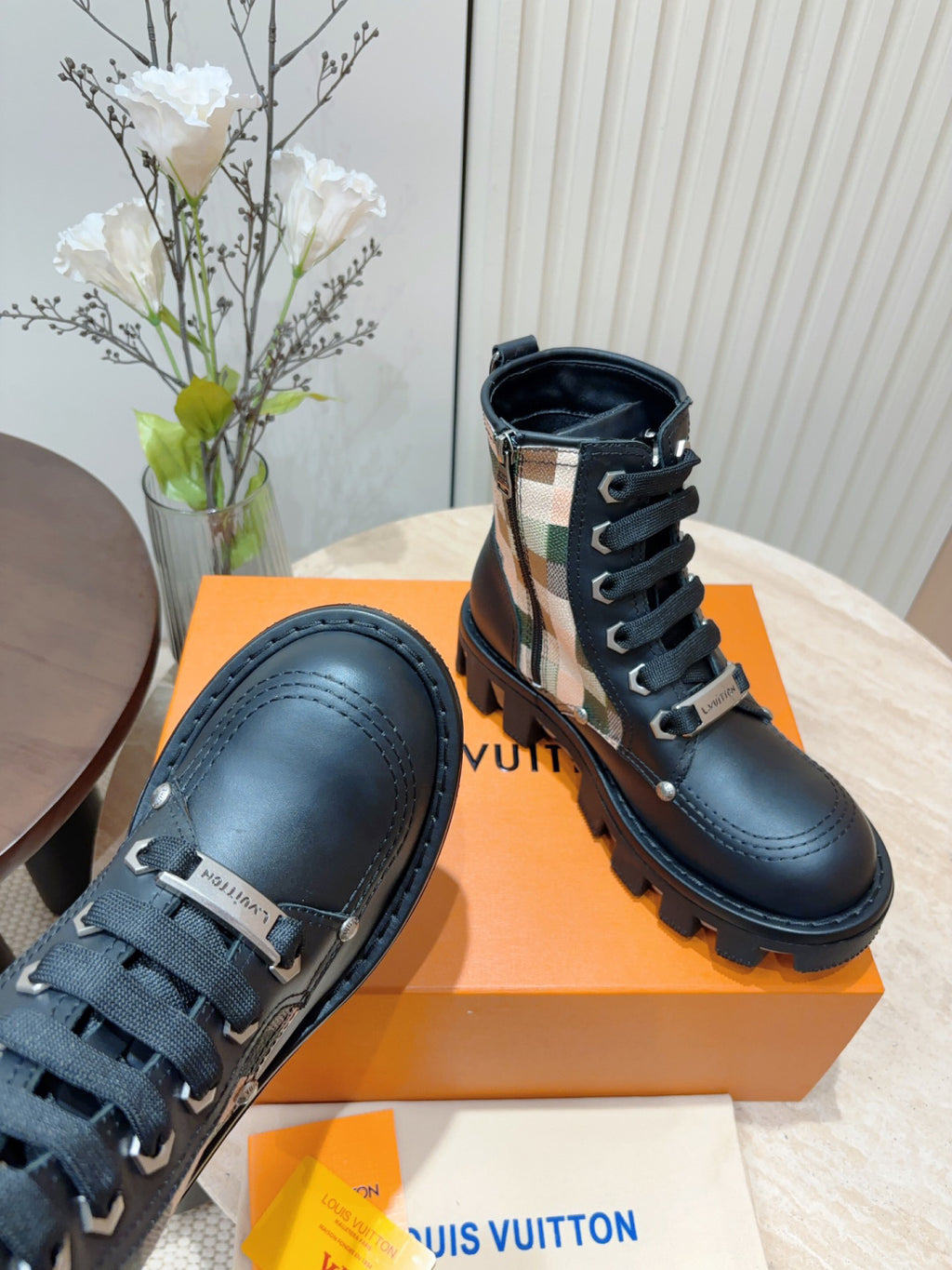 LV Combat Boots - Black Leather Check Panel Platform Lace-Up