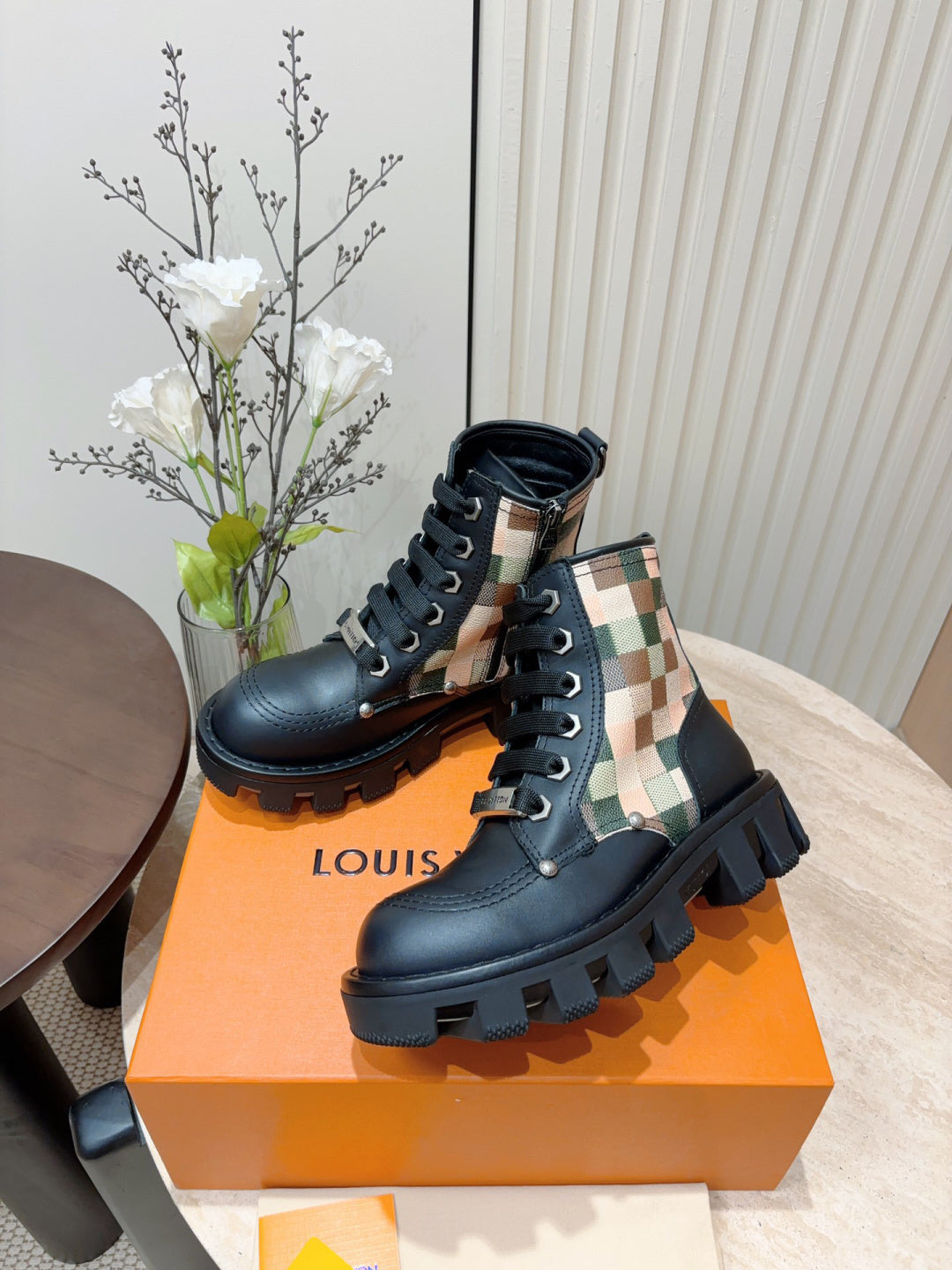 LV Combat Boots - Black Leather Check Panel Platform Lace-Up