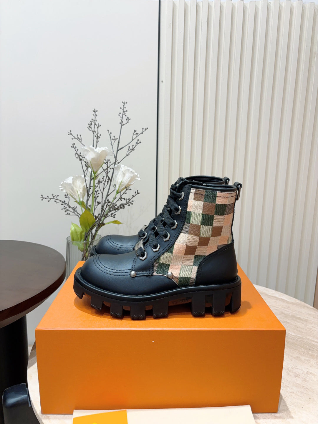 LV Combat Boots - Black Leather Check Panel Platform Lace-Up
