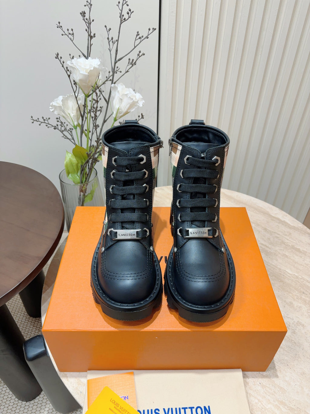 LV Combat Boots - Black Leather Check Panel Platform Lace-Up
