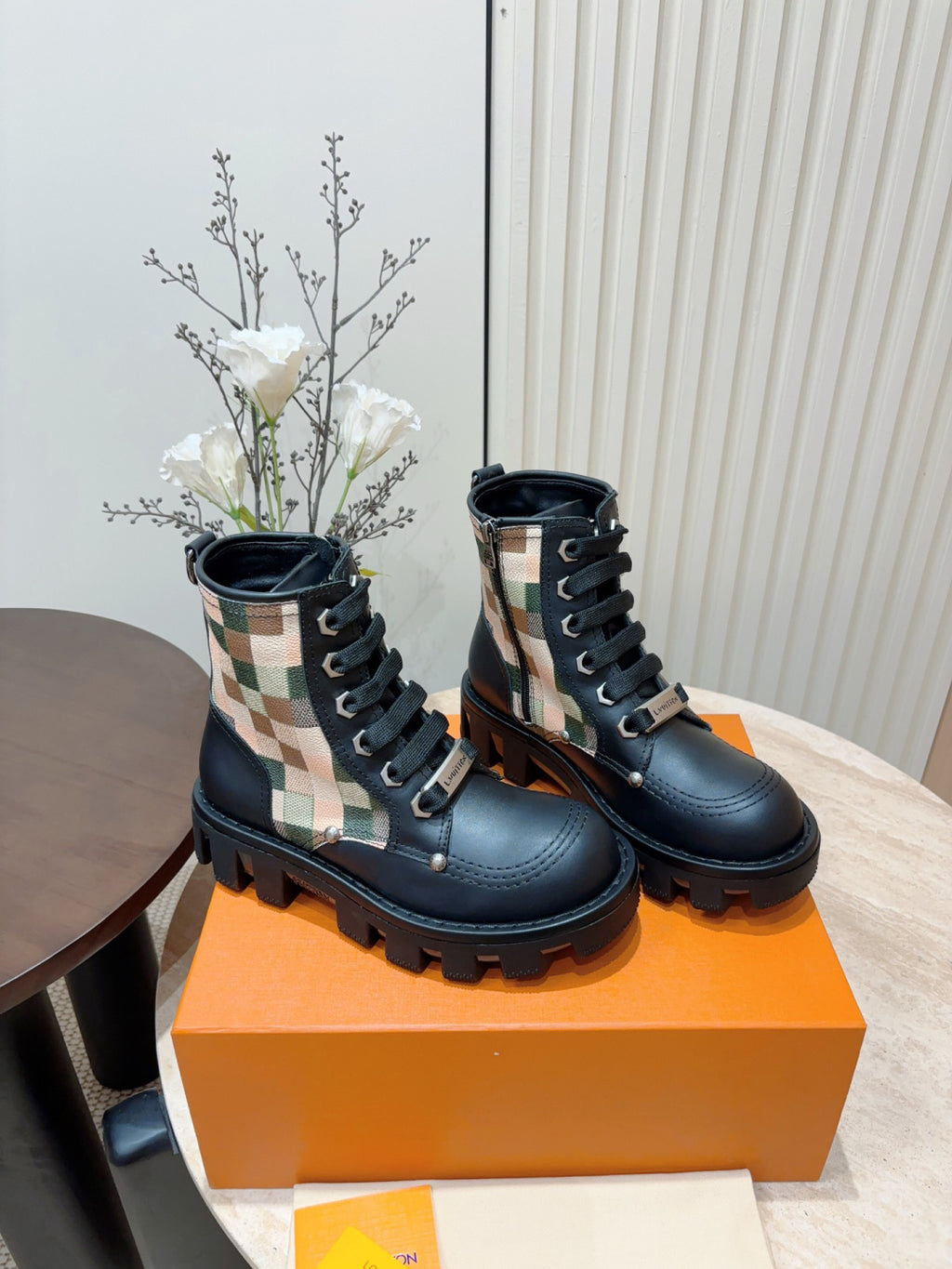 LV Combat Boots - Black Leather Check Panel Platform Lace-Up