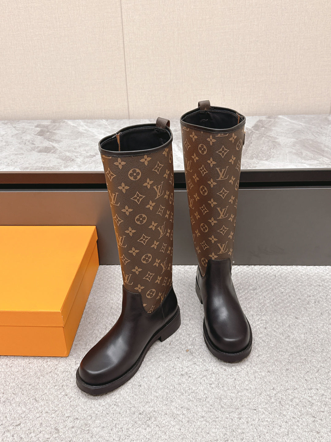 LV Tall Boots - Brown Leather Monogram Canvas Knee-High
