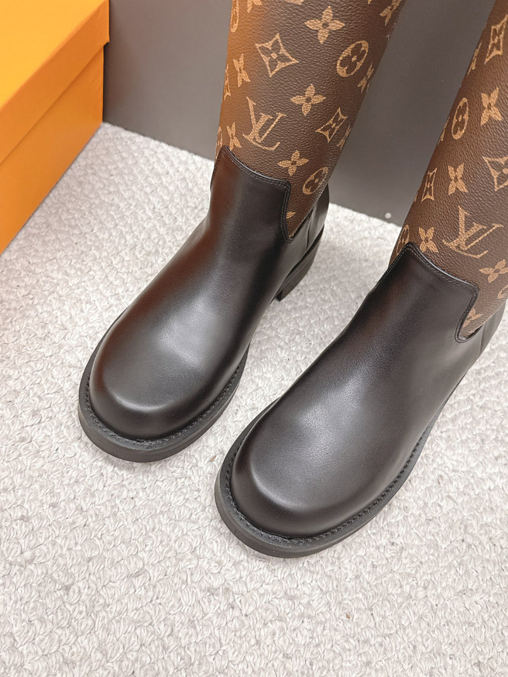 LV Tall Boots - Brown Leather Monogram Canvas Knee-High