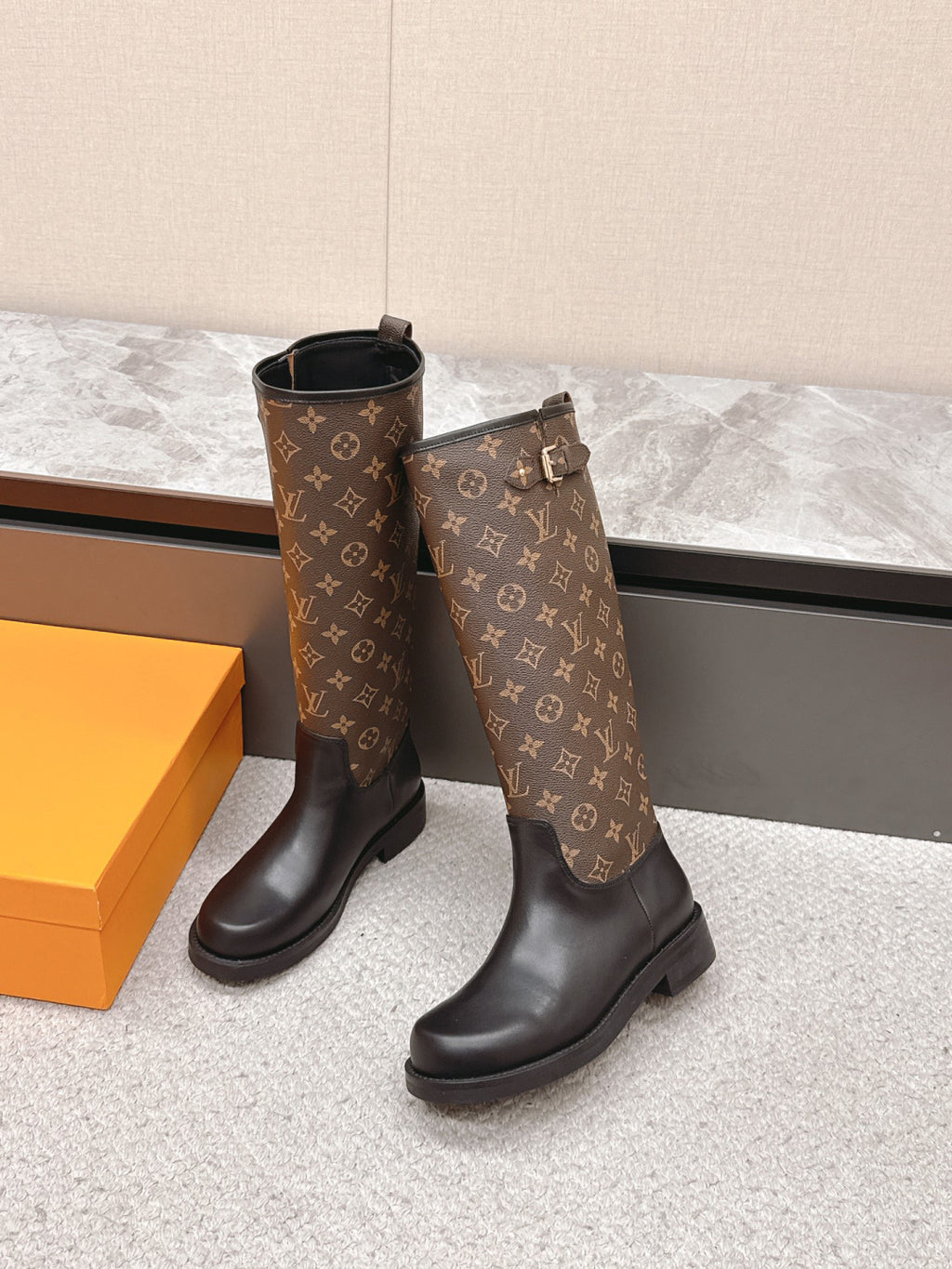 LV Tall Boots - Brown Leather Monogram Canvas Knee-High