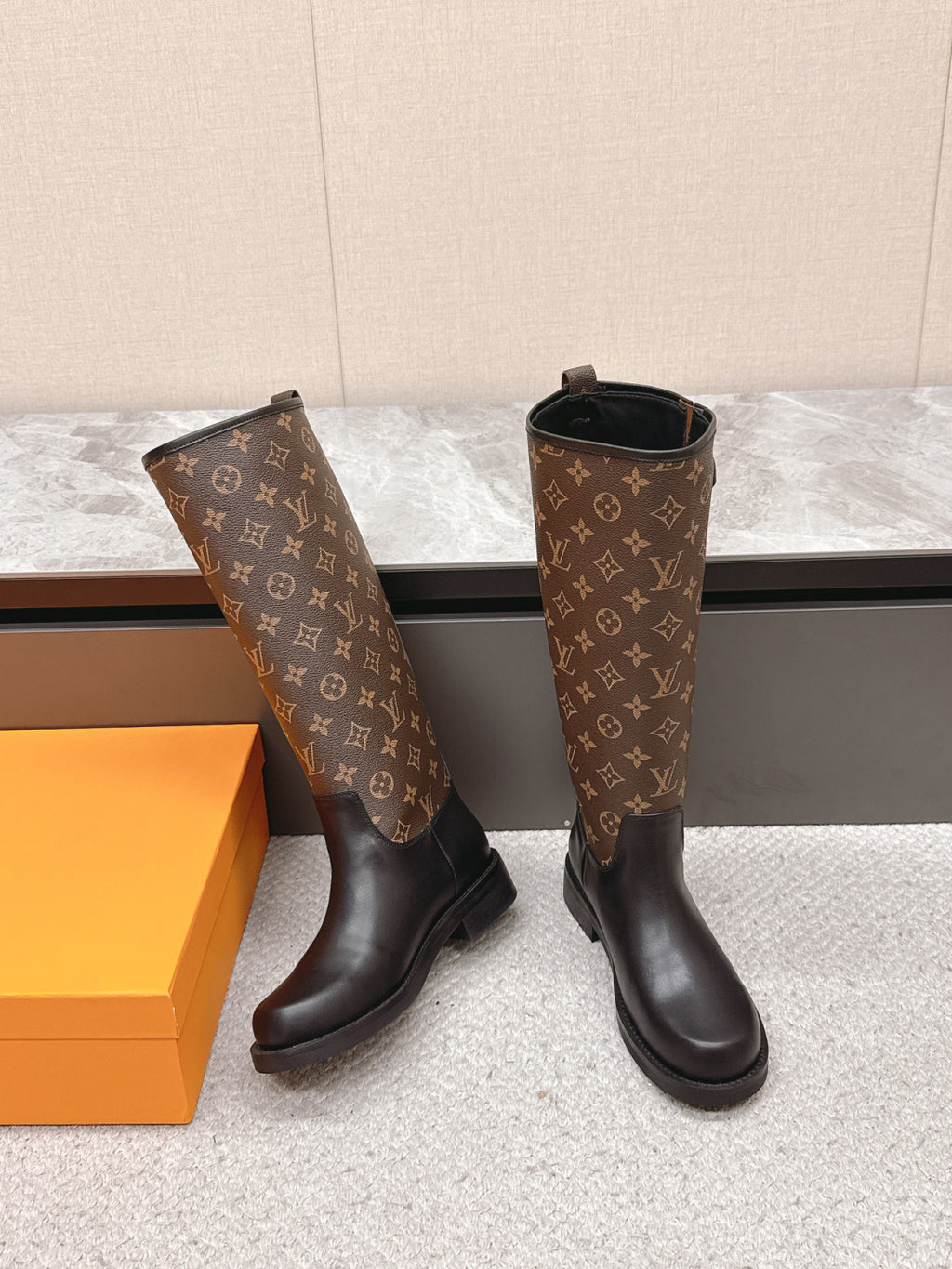 LV Tall Boots - Brown Leather Monogram Canvas Knee-High
