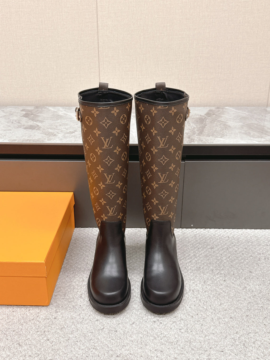 LV Tall Boots - Brown Leather Monogram Canvas Knee-High