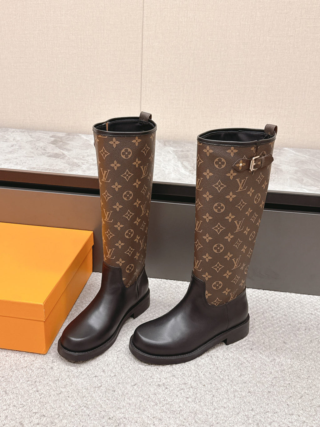 LV Tall Boots - Brown Leather Monogram Canvas Knee-High