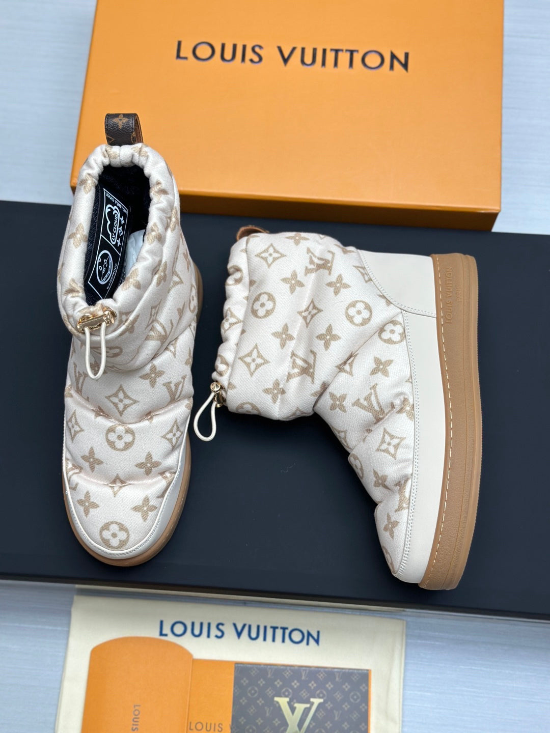 LV Snow Boots - Cream Monogram Quilted Puffer Ankle Boots
