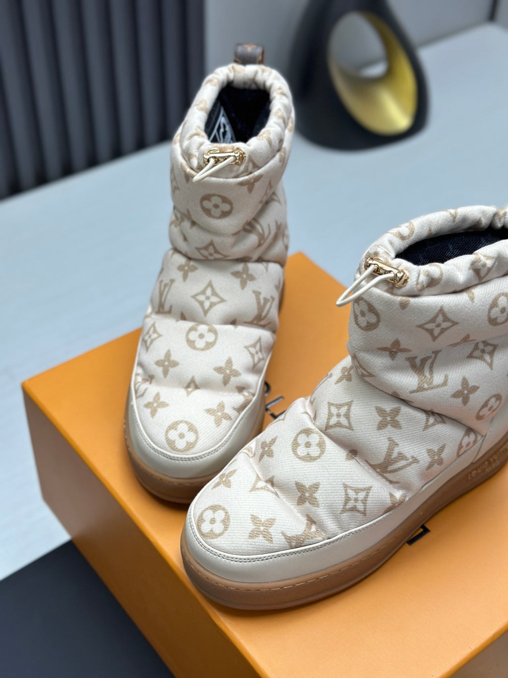 LV Snow Boots - Cream Monogram Quilted Puffer Ankle Boots