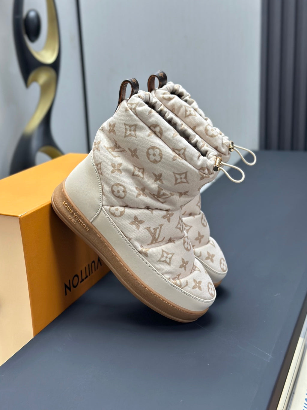 LV Snow Boots - Cream Monogram Quilted Puffer Ankle Boots
