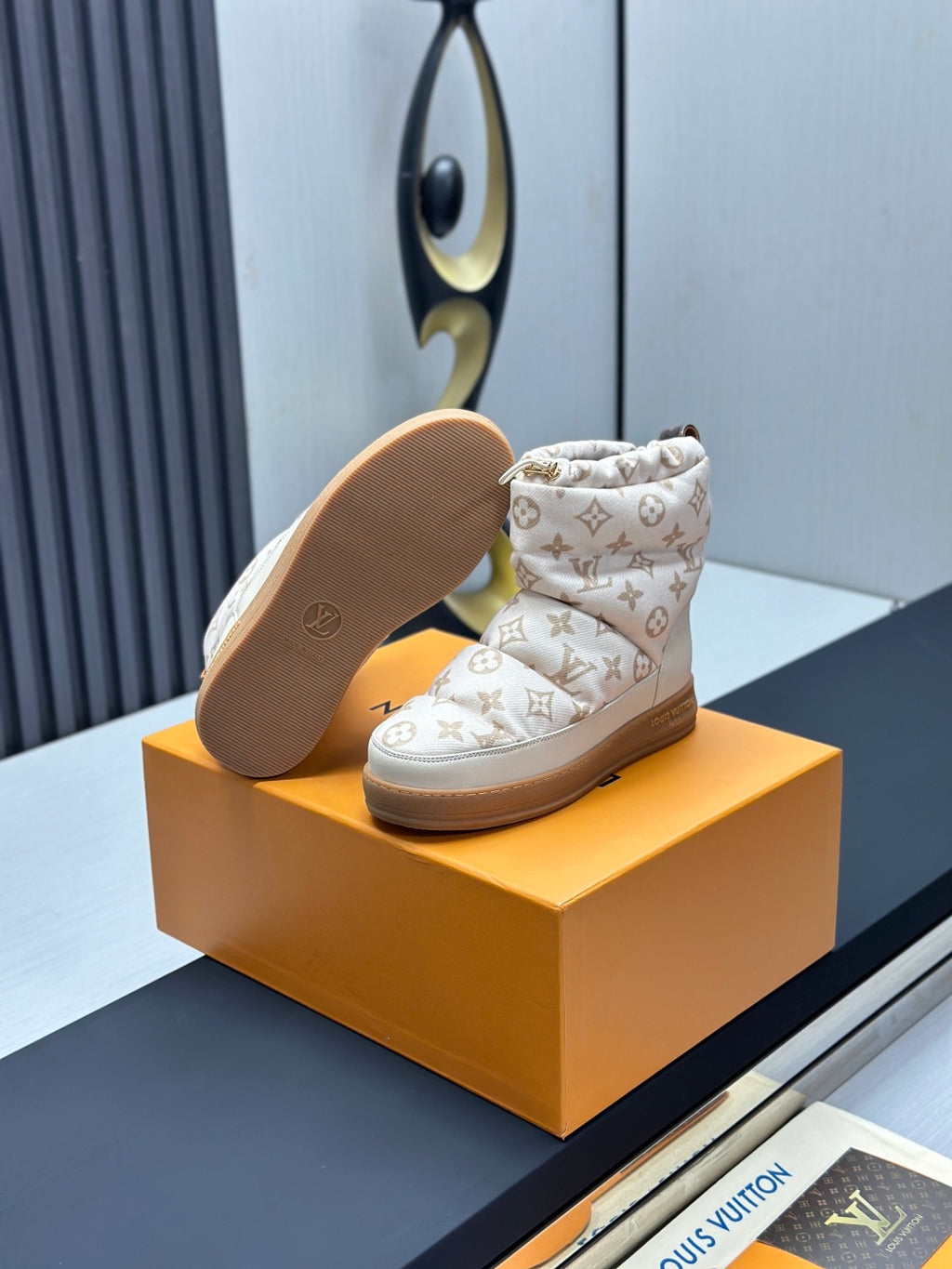 LV Snow Boots - Cream Monogram Quilted Puffer Ankle Boots