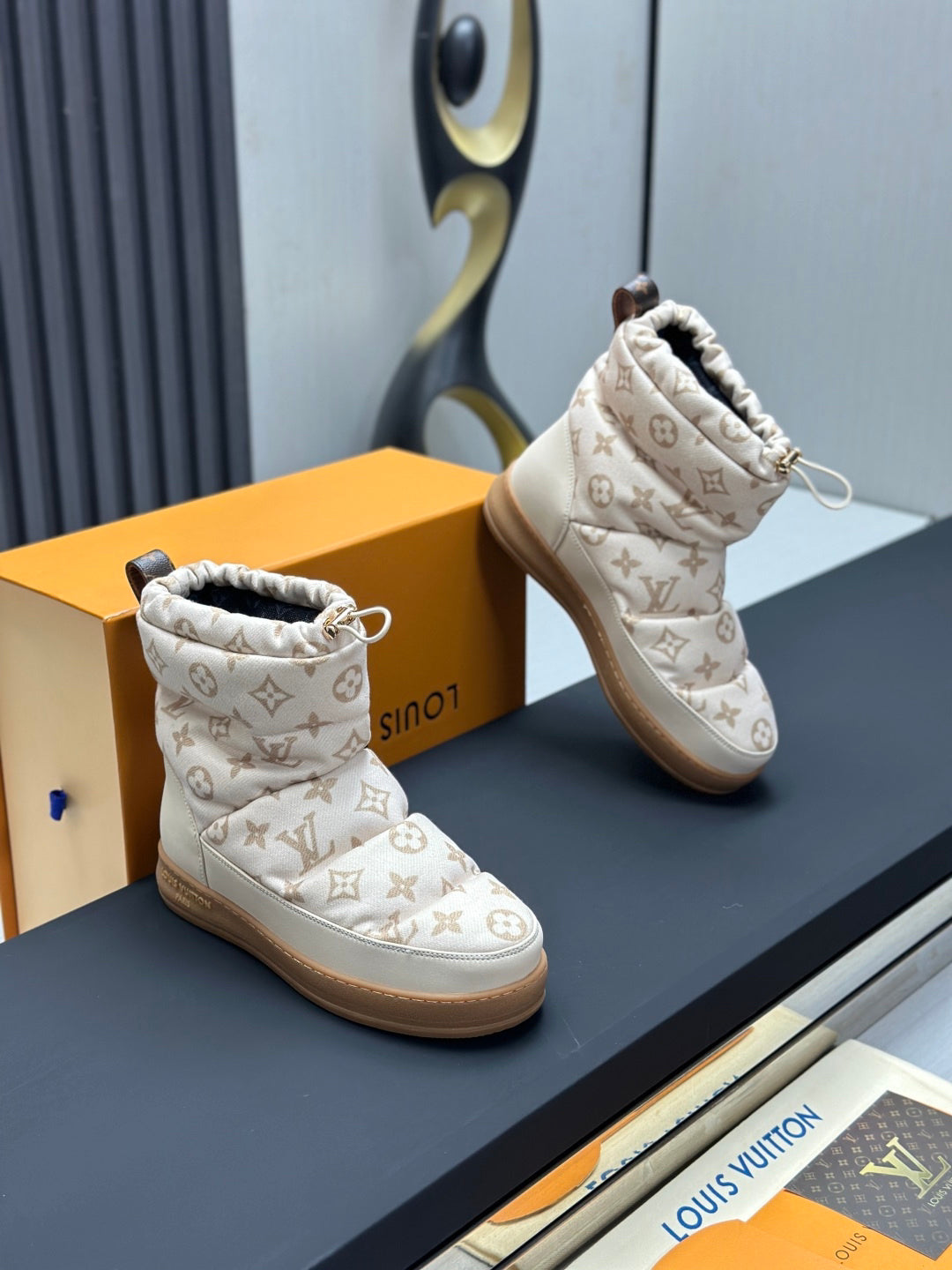 LV Snow Boots - Cream Monogram Quilted Puffer Ankle Boots