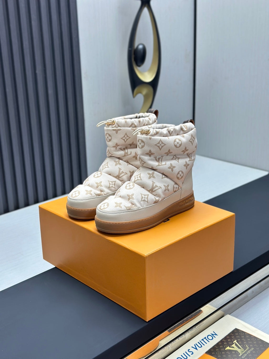 LV Snow Boots - Cream Monogram Quilted Puffer Ankle Boots
