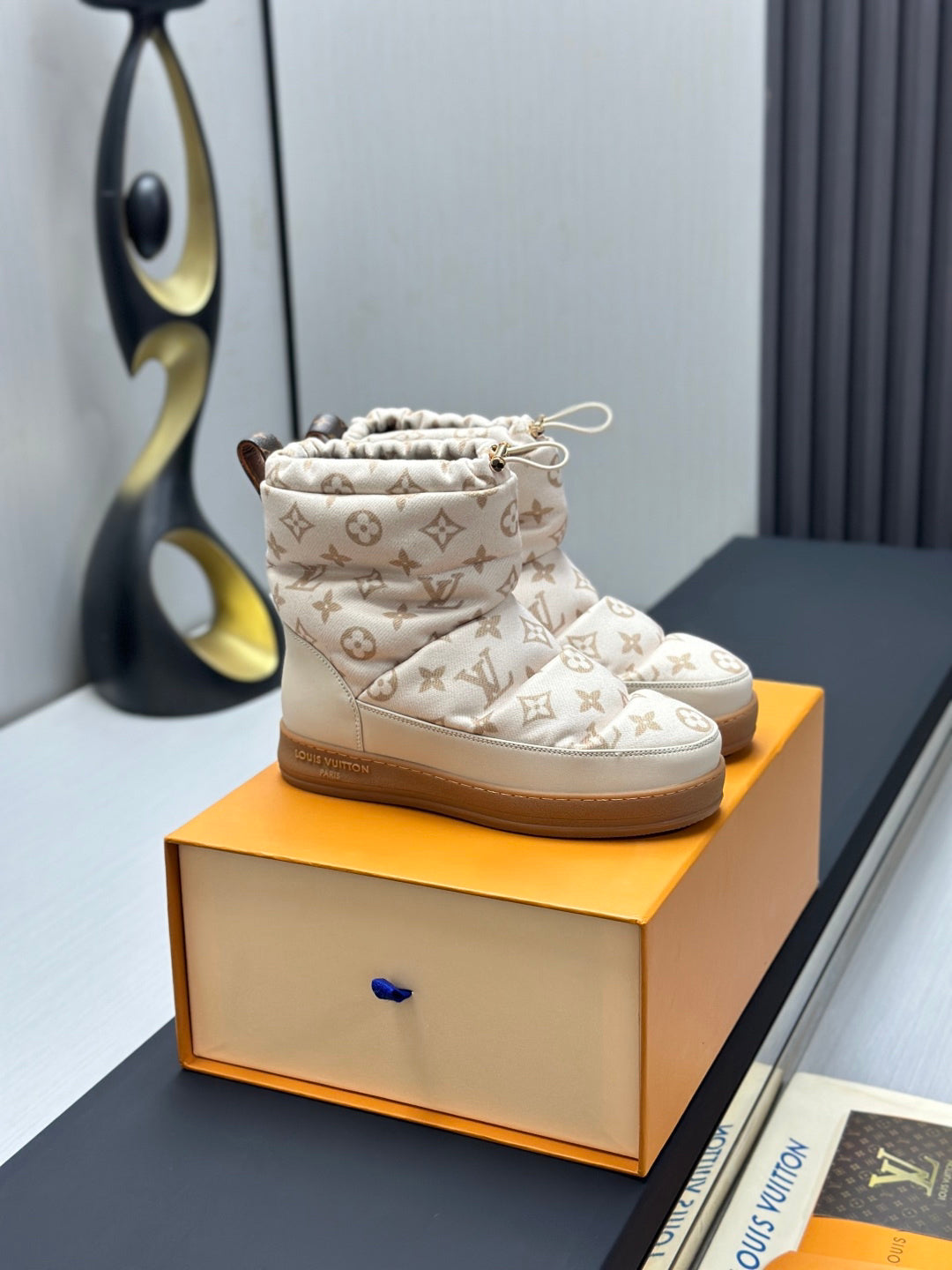 LV Snow Boots - Cream Monogram Quilted Puffer Ankle Boots