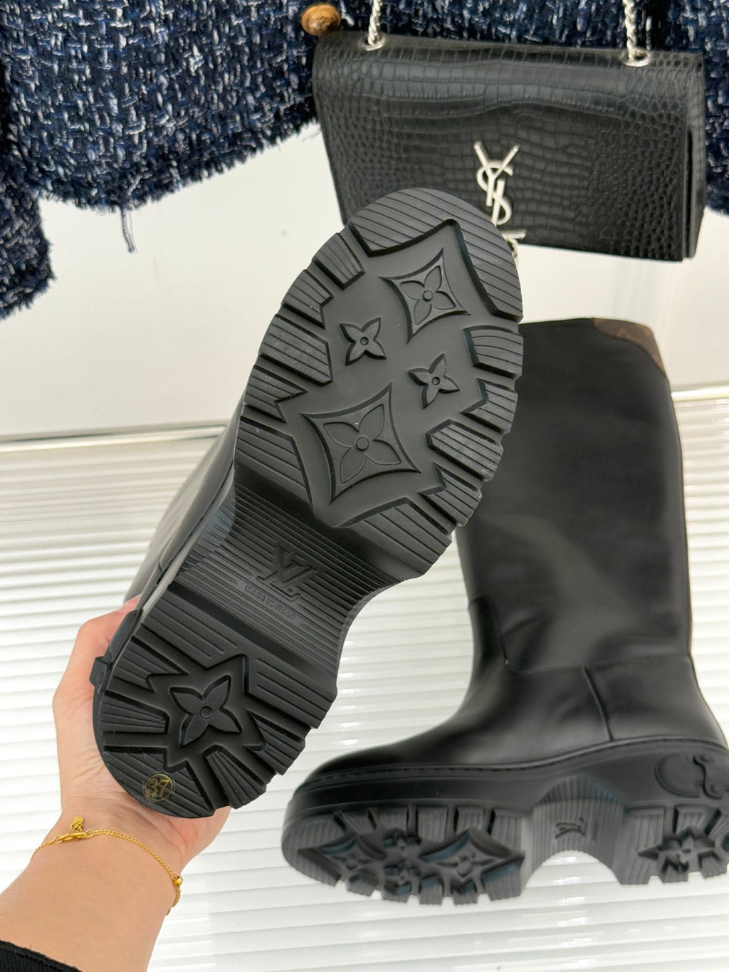 LV Tall Boots - Black Leather Monogram Panel Knee-High