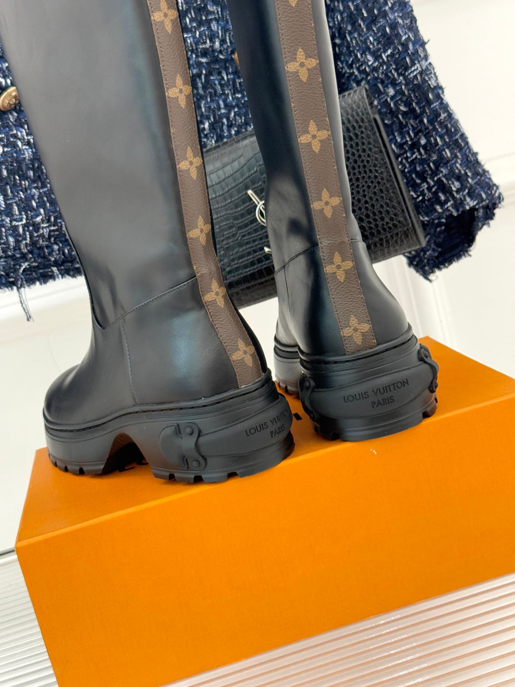 LV Tall Boots - Black Leather Monogram Panel Knee-High