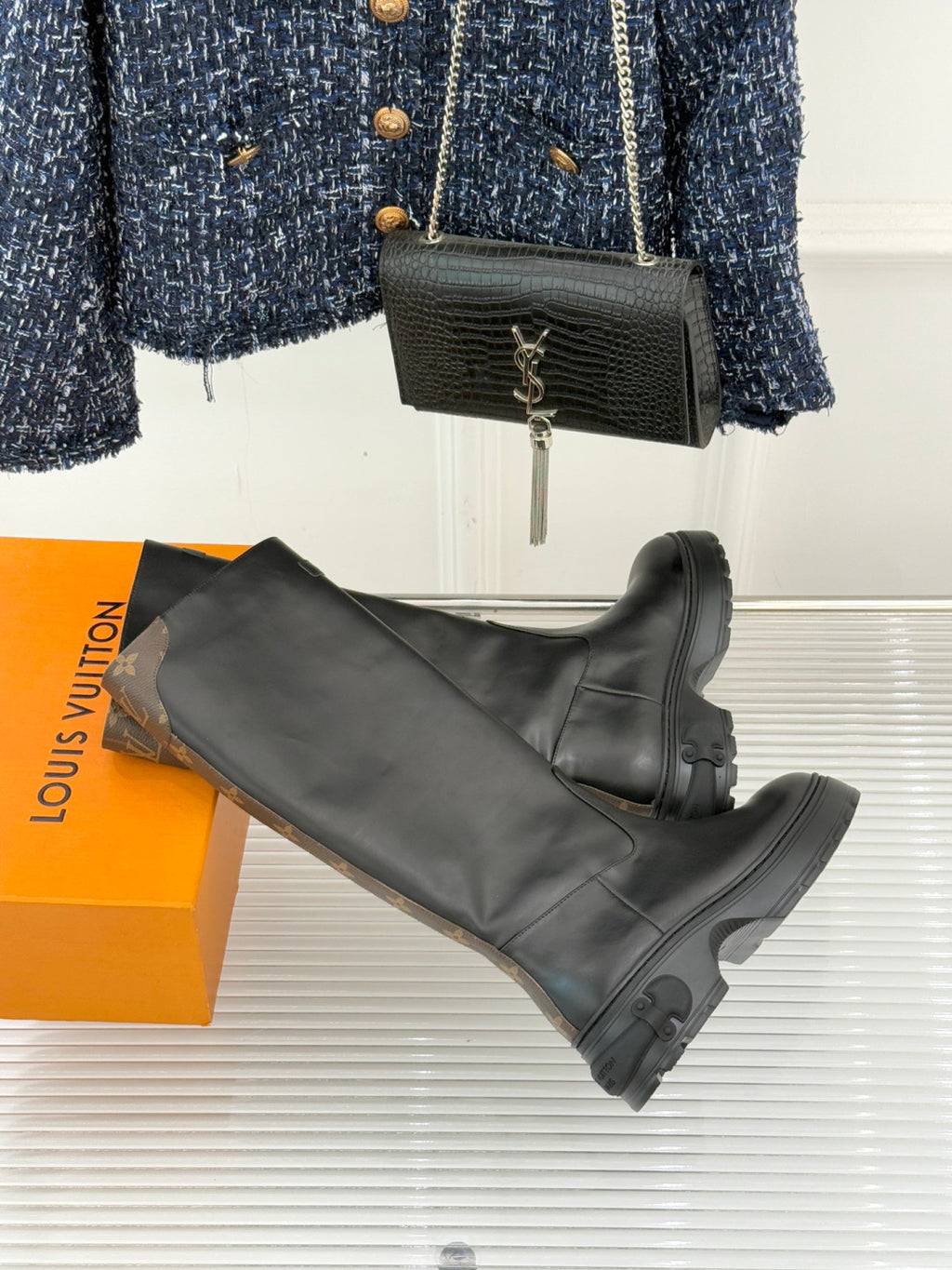 LV Tall Boots - Black Leather Monogram Panel Knee-High